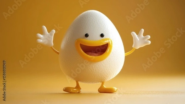 Obraz A cheerful cartoon egg character with arms and legs, joyfully posed against a warm yellow background.