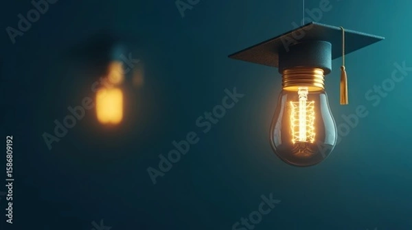 Obraz A glowing lightbulb, adorned with a graduation cap, symbolizes the bright ideas and knowledge gained through education.