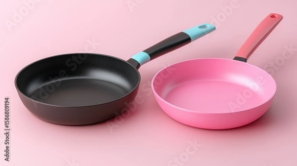 Obraz Two colorful frying pans sit side-by-side against a pink background.
