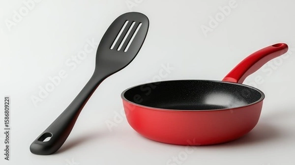 Obraz A black spatula and a red frying pan, isolated on a plain white background, ready for use in the kitchen.