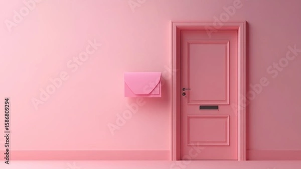 Obraz A pink door and mailbox on a pink wall, creating a minimalist and monochromatic scene.