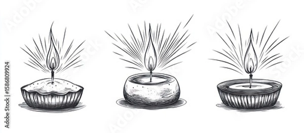 Obraz Three hand-drawn candles, each with a unique holder, burning brightly, radiating light.