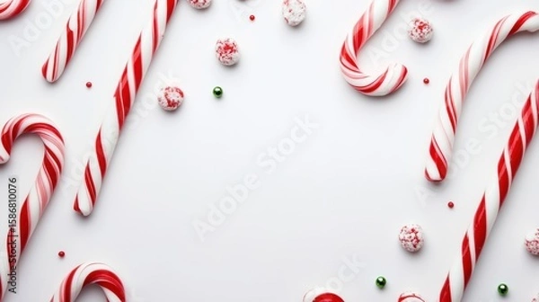 Obraz Candy canes and small candies are scattered on a white surface, creating a festive holiday background.