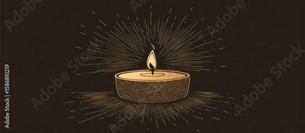 Obraz A single candle with a flickering flame, surrounded by radiating lines, against a dark background.