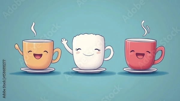 Obraz Three cheerful cartoon mugs, orange, white, and red, enjoy a warm beverage together.