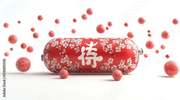Obraz A vibrant red cylindrical object with white floral patterns and Chinese characters, surrounded by floating spheres.