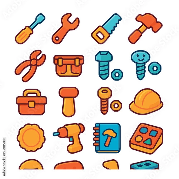 Fototapeta Toy toolkit icon collection. toolset flat style: screwdriver, wrench, saw, hammer