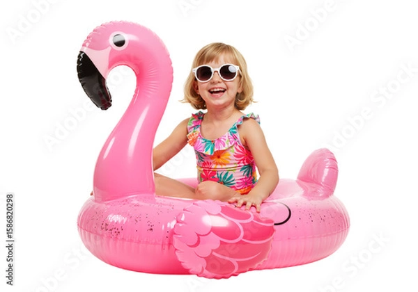 Fototapeta Cute Little Girl Sitting on Inflatable Flamingo Float – Having Fun Swimming in the Pool, isolated on a transparent background PNG,