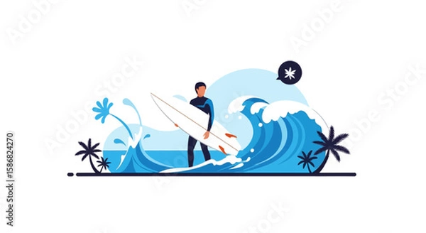 Fototapeta Surfer With Surfboard Illustration With Palm Trees And Blue Ocean Waves