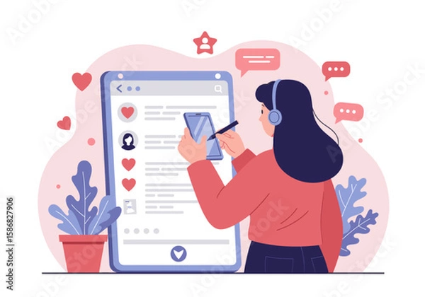 Fototapeta A hand is holding a smartphone displaying a digital profile, surrounded by icons representing various functions such as messaging, health, and personal information.