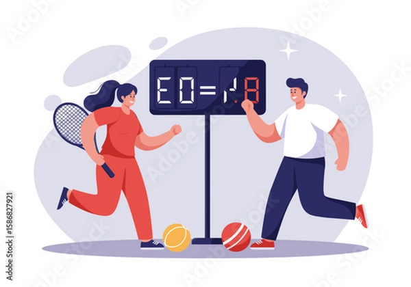 Fototapeta A man and a woman are standing near a tennis scoreboard with the score set to 0-0. The woman is holding a tennis racket while the man appears to be adjusting the scoreboard. 
