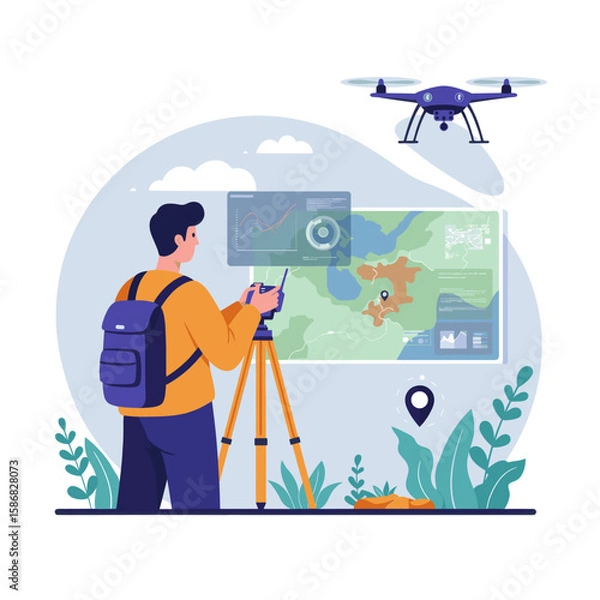 Fototapeta A man with a backpack is standing in a scenic outdoor area with a tripod and camera. He is capturing the view of a map displayed on a screen while a drone hovers above,