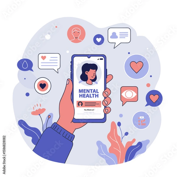 Fototapeta A hand is holding a smartphone displaying a digital profile, surrounded by icons representing various functions such as messaging, health, and personal information.