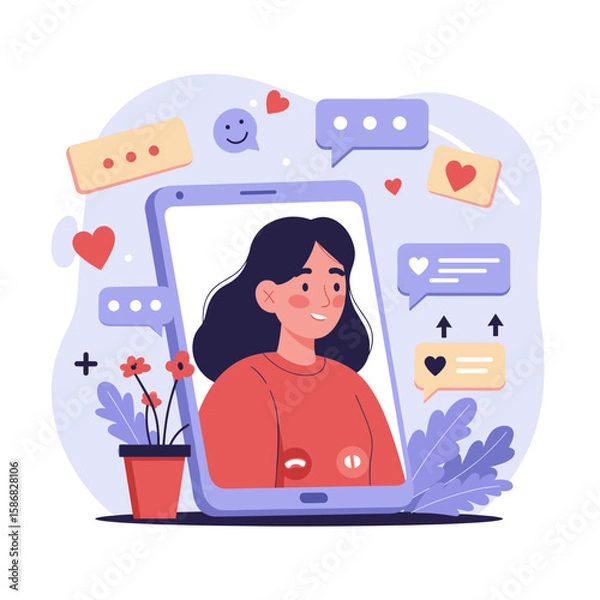 Fototapeta A person is seated with a thoughtful expression, surrounded by various digital icons such as hearts, music, and messages.