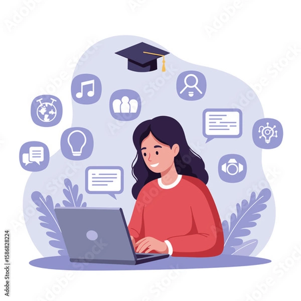 Fototapeta A student with a graduation cap is sitting at a desk, working on a laptop, with various icons floating around representing different interests or subjects such as music, travel, and knowledge. 