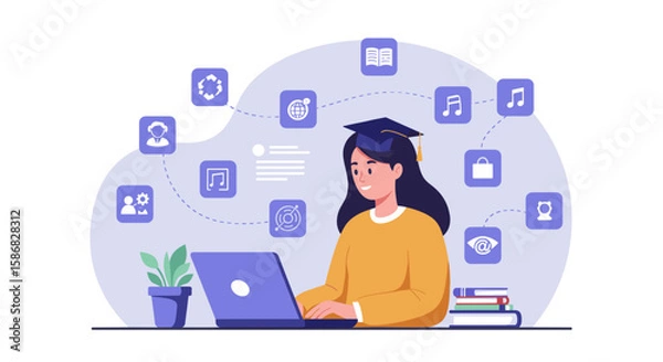 Fototapeta A student with a graduation cap is sitting at a desk, working on a laptop, with various icons floating around representing different interests or subjects such as music, travel, and knowledge. 