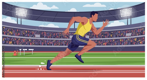Fototapeta Dynamic Runner Sprinting in Stadium Vector Illustration Crowd Cheering Bright Lights.