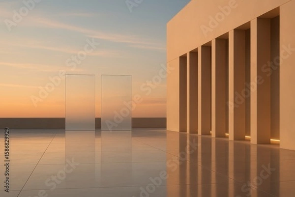 Fototapeta Modern architectural design with reflective surfaces and warm sunset sky creating a serene and minimalist atmosphere