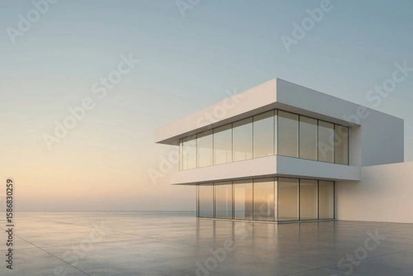 Fototapeta Modern minimalist white building with large glass windows reflecting warm sunset light on a concrete patio