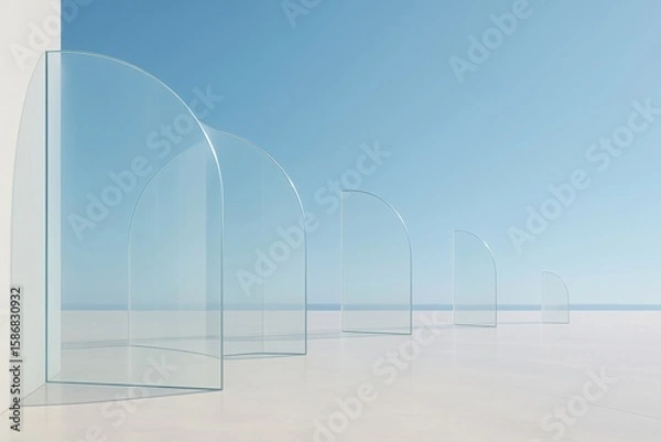 Fototapeta Abstract architectural composition featuring a series of transparent curved glass panels against a clear blue sky and calm sea horizon
