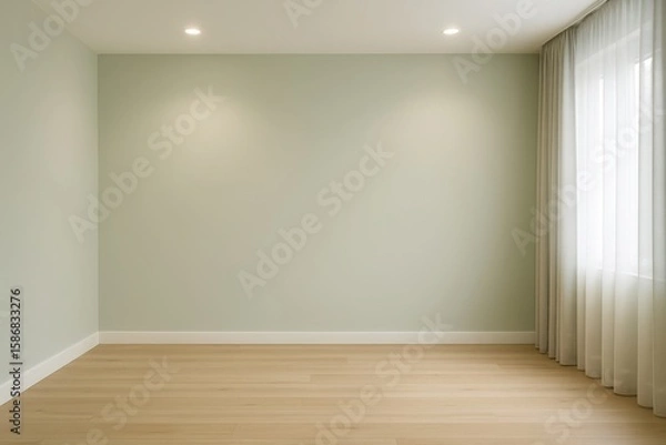 Fototapeta Empty room with light green walls wooden floor and sheer curtains covering a bright window