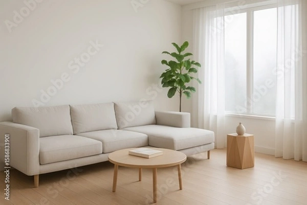 Fototapeta Modern minimalist living room with a comfortable sectional sofa round coffee table and a tall potted plant near a large window