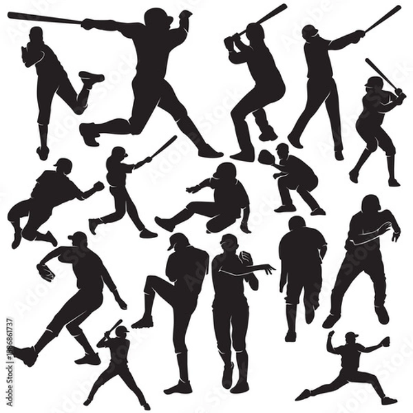 Fototapeta Illustration vector graphics of a set baseball players silhouette in various dynamic poses perfect for background, design templates, stickers, logo, mascot, decorations, sports themed, design template