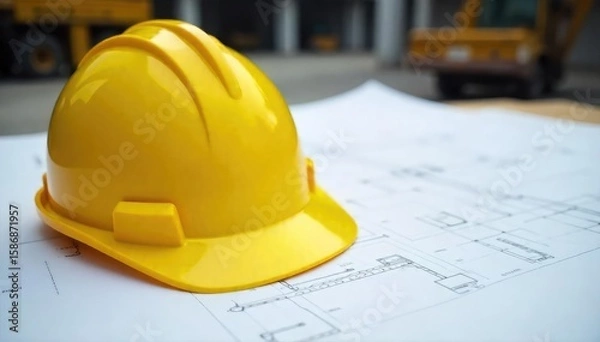 Obraz Safety First Yellow Hard Hat on Construction Blueprint, signifying preparedness and security on a building site.  Image conveys a sense of responsible risk management and hazard prevention.
