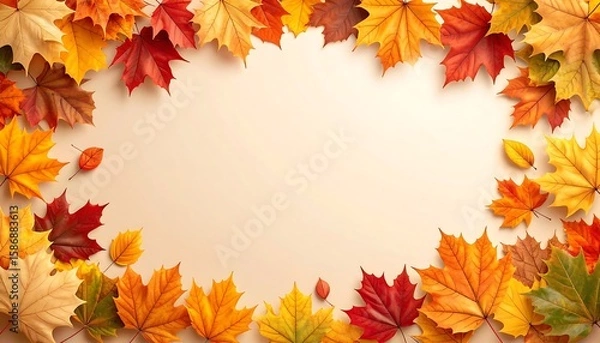 Fototapeta Autumnal frame of vibrant red, orange, and yellow maple leaves on a warm beige background. Cozy fall seasonal banner template with ample copy space for Thanksgiving or sale promotions.
