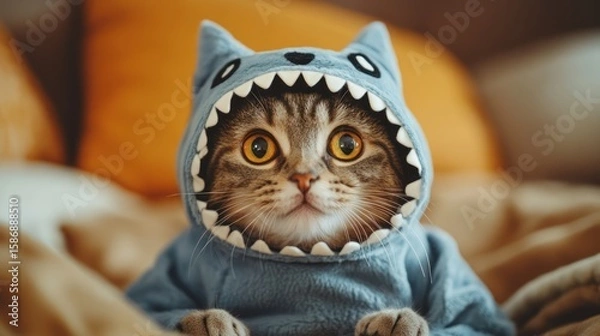 Fototapeta A curious cat donning a shark costume, lounging on a comfy bed, showcasing playful pet fashion and whimsical feline fun