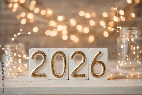 Fototapeta Decorative blocks displaying the year 2026, surrounded by warm fairy lights and glass jars, creating a cozy and festive atmosphere for celebrations and new beginnings