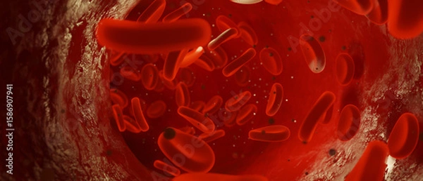 Fototapeta Microscopic View of Red Blood Cells Flowing in Artery 3D Render of Human Bloodstream Medical Science Concept