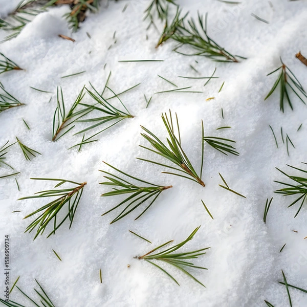 Fototapeta Fresh pine needles scattered on a crisp white snow surface create a serene winter landscape, perfect for evoking feelings of nature and holiday spirit.