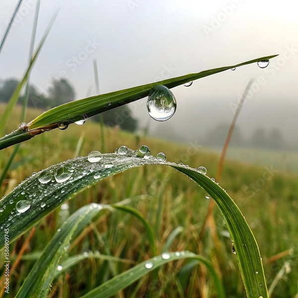 Fototapeta Dewdrops glisten on blades of grass in a serene outdoor setting, showcasing the beauty of nature with water droplets reflecting the surrounding landscape in a peaceful, calming morning scene.