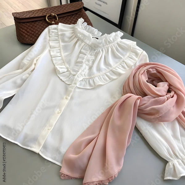 Fototapeta Elegant white blouse with ruffled collar and a delicate pink scarf, set against a neutral background, highlighting a classic and refined fashion ensemble ideal for style blogs or retail promotions.