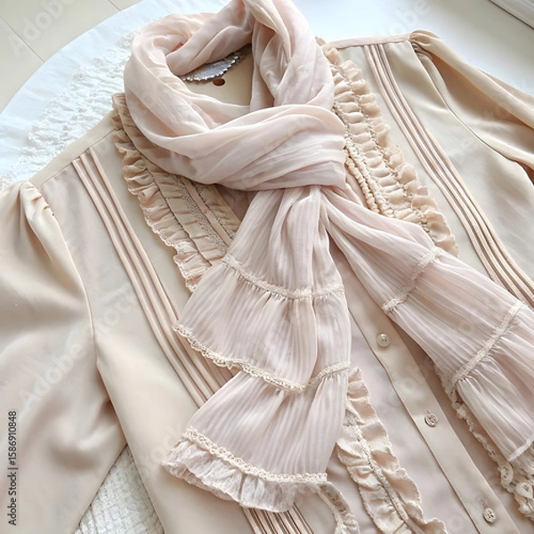 Fototapeta Soft peach blouse featuring ruffles and a sheer ruffled scarf offers delicate details, perfect for fashion layouts, style inspiration, or elegant apparel presentations.