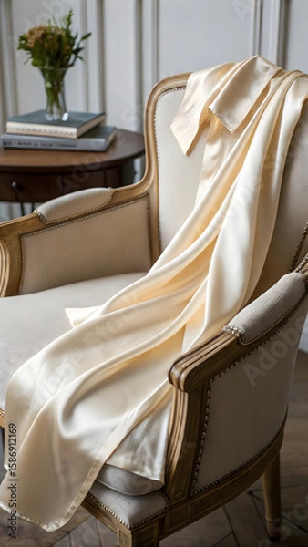 Fototapeta Creamy satin cascade graces an antique chair, bathed in soft light, accentuating the luxurious textile's drape, ideal for showcasing comfort, elegance, and refined home decor inspiration.