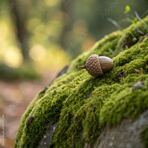Fototapeta Autumnal still life shows a single acorn resting on verdant moss, offering a glimpse into the forest floor and highlighting the textures of nature in a tranquil scene with soft bokeh.