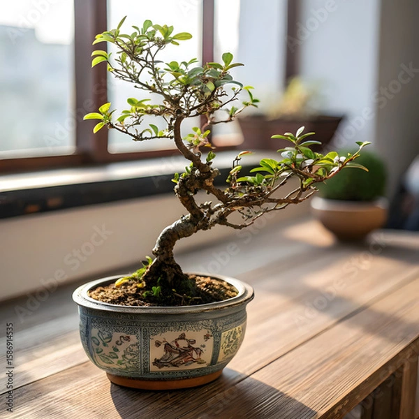 Fototapeta Serene bonsai tree with green leaves in a decorative ceramic pot sits on a rustic wooden table bathed in sunlight, evoking calm and Japanese culture.