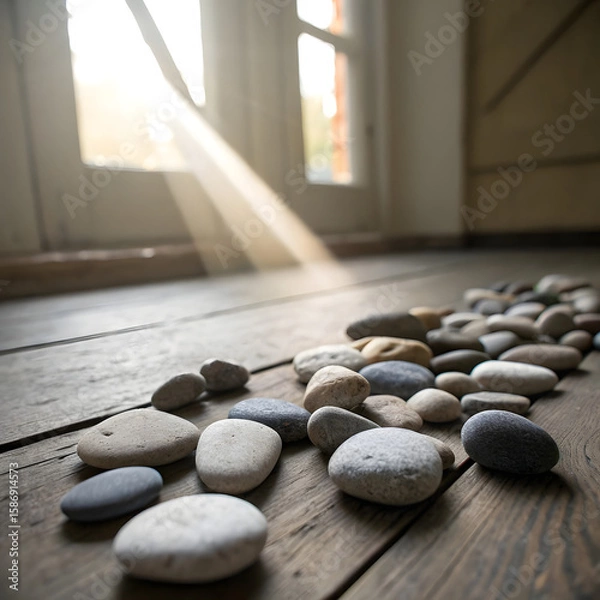 Fototapeta Sunlight streams through a window, illuminating a collection of smooth stones arranged on a weathered wooden floor, creating a peaceful and natural scene evoking serenity and calmness.