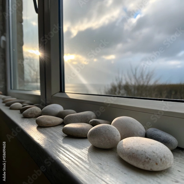 Fototapeta Serene still life showcases smooth river stones resting on a windowsill overlooking a distant sea horizon illuminated by the soft glow of a setting sun, evoking tranquility and reflection.