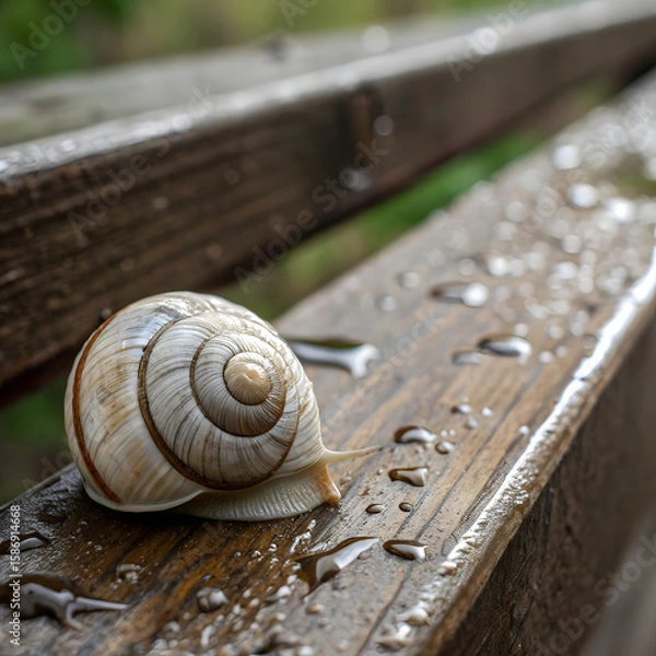 Fototapeta A snail glides slowly across a wet wooden park bench after a gentle rain shower, showcasing nature's pace with droplets clinging to the weathered surface, creating a tranquil outdoor scene.