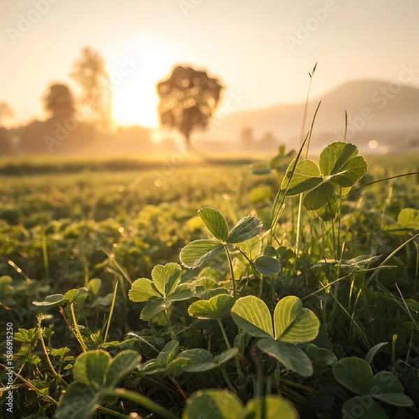 Fototapeta Dew kissed four leaf clovers glisten in the gentle morning sunlight, casting a magical, hopeful aura across a lush green field at daybreak with a distant mountain and tree.