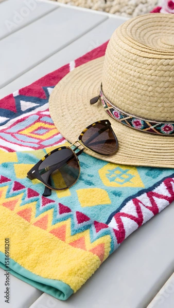 Fototapeta Beach vibes captured in this flat lay featuring a straw hat, sunglasses, and vibrant patterned towel, perfect for summer vacation themes and tropical holiday promotions.
