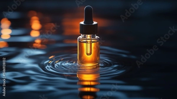 Fototapeta Golden Liquid Dropper Capturing the Essence in a Bottle on Water Surface, Creating a Luminous Reflection