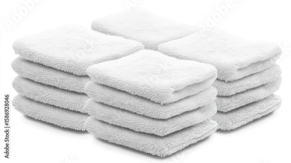 Fototapeta Clean White Terry Cloths A Stack of Soft Washcloths for Hygiene and Home, Terry textile.