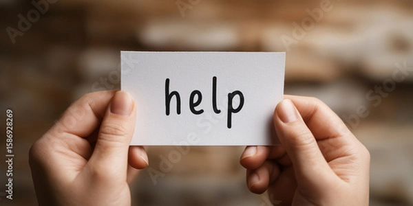 Obraz Hands holding card with the word “help” written on it