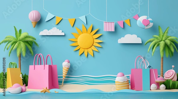Obraz Colorful summer shopping background with beach theme in 3D