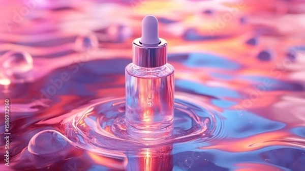 Fototapeta Elevate Your Beauty Routine Luxurious Glass Dropper Bottle with Essential Oil on Shimmering Fluid 