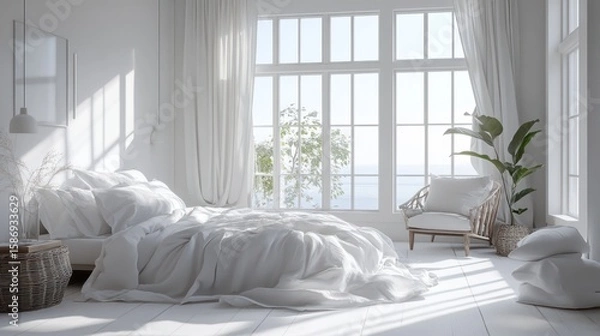Fototapeta Serene White Bedroom Escape Experience Tranquility and Coastal Views in a Light-Filled Space. 